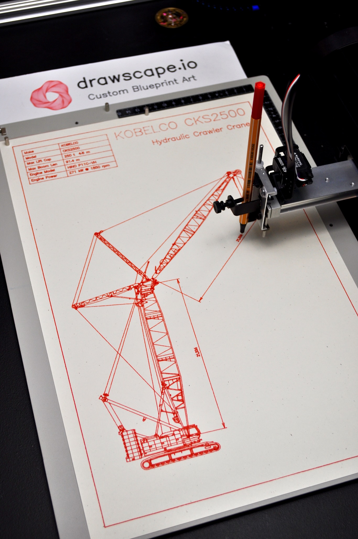 Red airplane blueprint artwork with detailed fuselage
